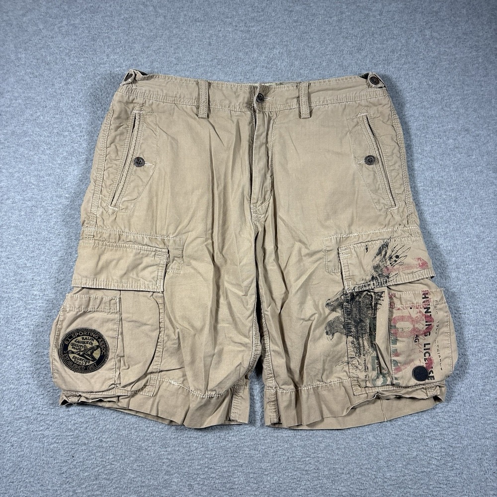 Vtg Polo Ralph Lauren Cargo Shorts Mens 32 Hunting License Graphic Patch Utility